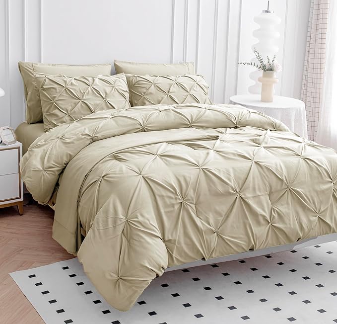 Lane Linen Bedding Comforter Set, 7 Piece Full Size, Soft Linen Set, Pintuck Comforter Set, Bed Set with Sheets, Pillowcases & Shams