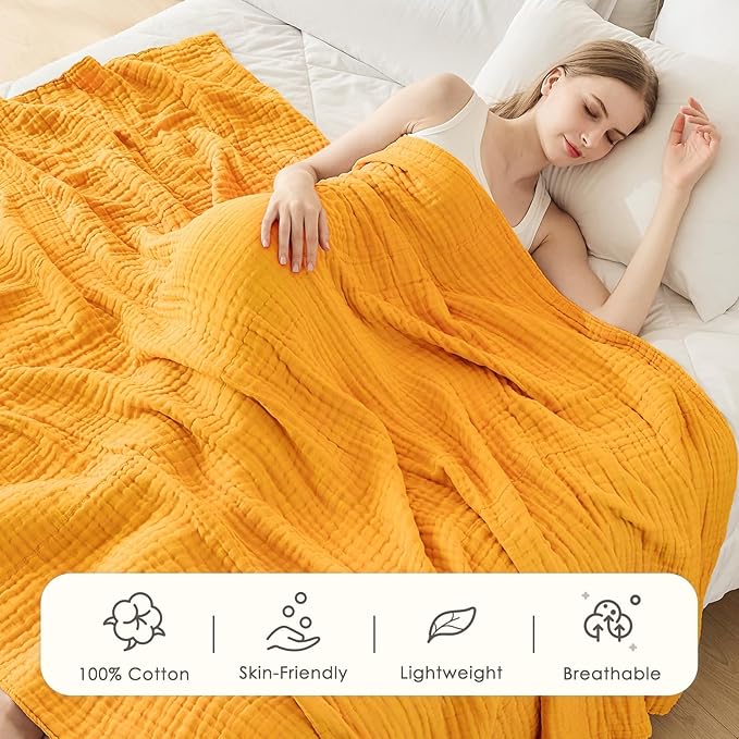 EMME Cotton Muslin King Blanket Bed Layering Breathable Gauze Blanket Soft Lightweight Blankets Adults (Mustard Yellow, 108"x90")