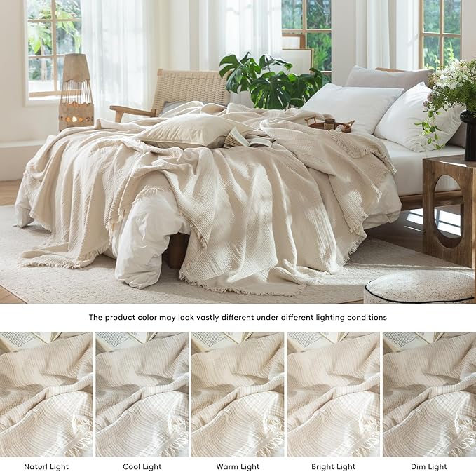 MooMee Muslin Blanket - 100% Cotton 4-Layer Gauze Throw Blanket with All-Around Fringe, Ultra-Soft Breathable Lightweight Cooling Decorative for Bed, Sofa & Couch (Beige, Queen 90" x 90")
