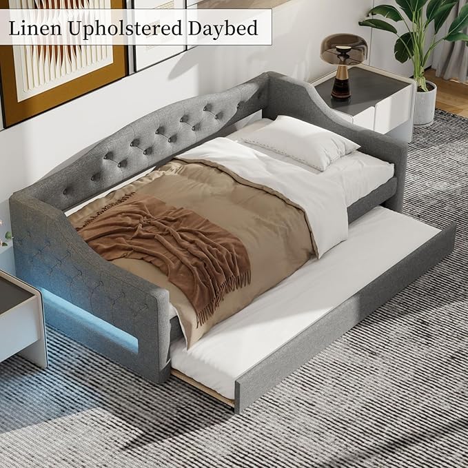 Merax Twin Size Linen Corner Daybed with Trundle and LED Belt, Upholstered Headboard Captain Bed Frames for Small Room, Bedroom, Guest Room, Kids' Room, Grey
