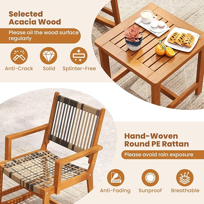 Tangkula 3 Piece Patio Rocking Set, Acacia Wood Rocker Bistro Set w/Rattan Seat & Back, 2 Outdoor Armchairs w/Square Side Table for Porch, Balcony, Backyard
