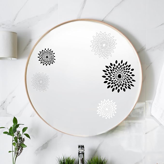 Black White Floral Mirror Wall Decals - Set of 7 Vinyl Flower Stickers Peel and Stick for Kids Teens Bedroom Living Room Office Bathroom Wall Decor