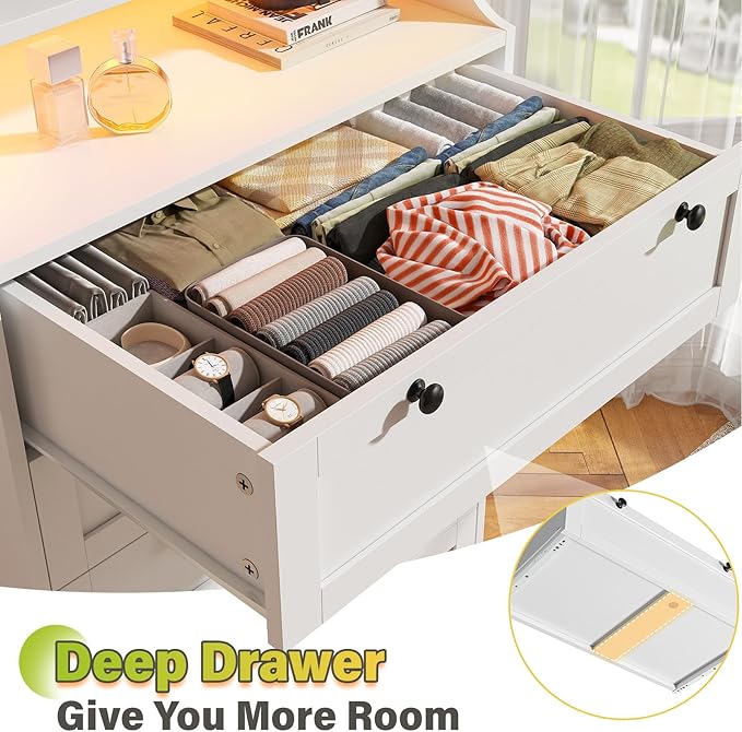 EnHomee White Dresser with LED Light, Tall Dresser for Bedroom, 5 Drawers & 1 Shelves for Bedroom, Home Office