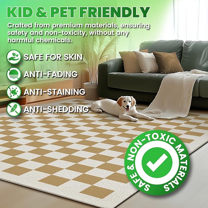 Washable Checkered Rug, 8x10 Tan Brown Checkerboard Modern Boho Foldable Large Area Rugs for Living Room, Low Pile Ultra-Thin Non-Slip Indoor Carpet for Office Bedroom Diningroom Classroom