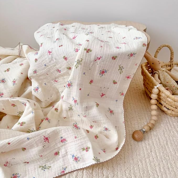 BuLuTu Muslin Cotton Baby Blanket, Cute Sheep Pink Floral Print, Large Crib Toddler Bed Blanket 47x51 Inch, Shabby Chic Style Nursery Blankets for Girls Boys, Soft Breathable