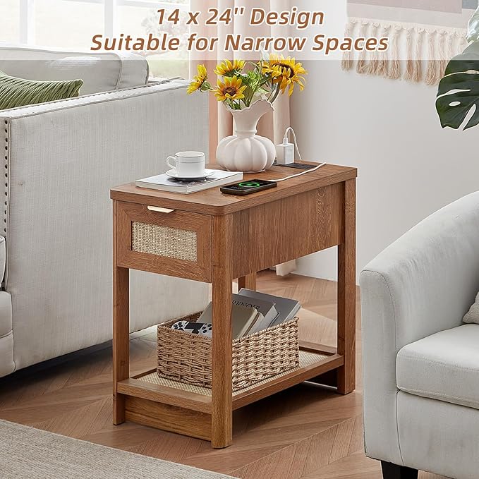 Lerliuo Narrow Night Stand Set of 2 with Charging Station, Boho Nightstand with Drawer, Bed Side End Table with Rattan Shelf for Small Spaces, Wood Nightstands Bedside Tables for Living Room Bedroom