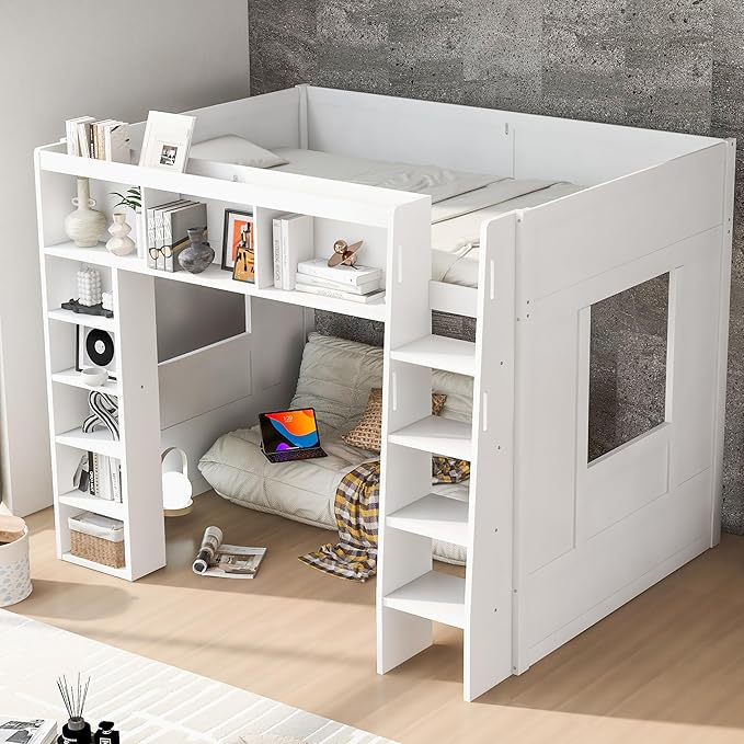Playhouse Design Queen Size Loft Bed with Built-in Storage Shelves and 2 Windows, Solid Wood Loft Bed Frame with Safety Guardrail for Kids Teens Boys Girls, Space-Saving (White-12.9)