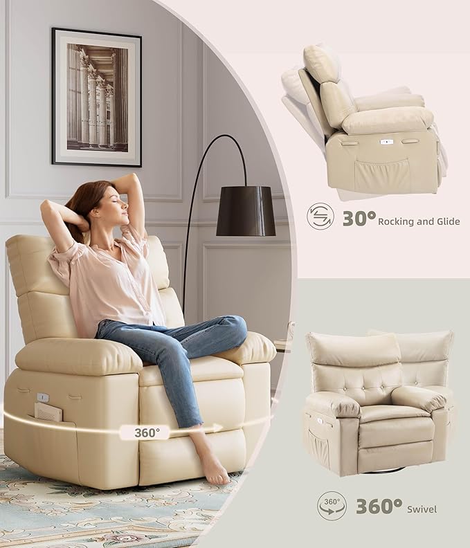 GarveeHome Oversized Power Rocker Swivel Recliner Chair - Heat and Massage, PU Leather Electric Glider Rocking Chair with USB Port, Glider Recliner Nursery Chair for Living Room, Bedroom, Nursery