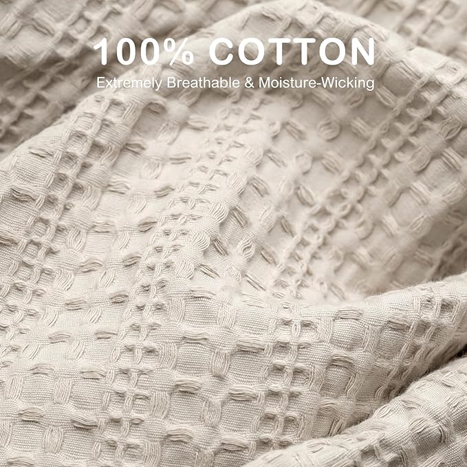 100% Cotton Waffle Blanket with Fringe, Pre-Washed Waffle Weave Blanket for All Season, Lightweight Breathable Soft Cozy Throw Blanket for Couch, Bed, Travel (Beige - 50x60 Inches)
