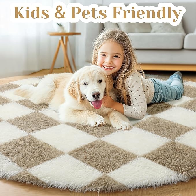 KICMOR Round Rugs for Bedroom, 4ft Fluffy Soft Circle Area Rug Beige and Cream White Checkered Shag Shaggy Carpet Small Living Room Circular Rug for Kids Boys Girls Dorm Nursery Home Decor Aesthetic