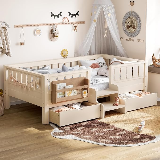 Bellemave Twin Bed with Slats and Stairs, Twin Size Platform Bed Frame with Fence, Bookshelf and Storage Drawers, Easy Assemble Beds for Kids, Girls, Boys, Beige