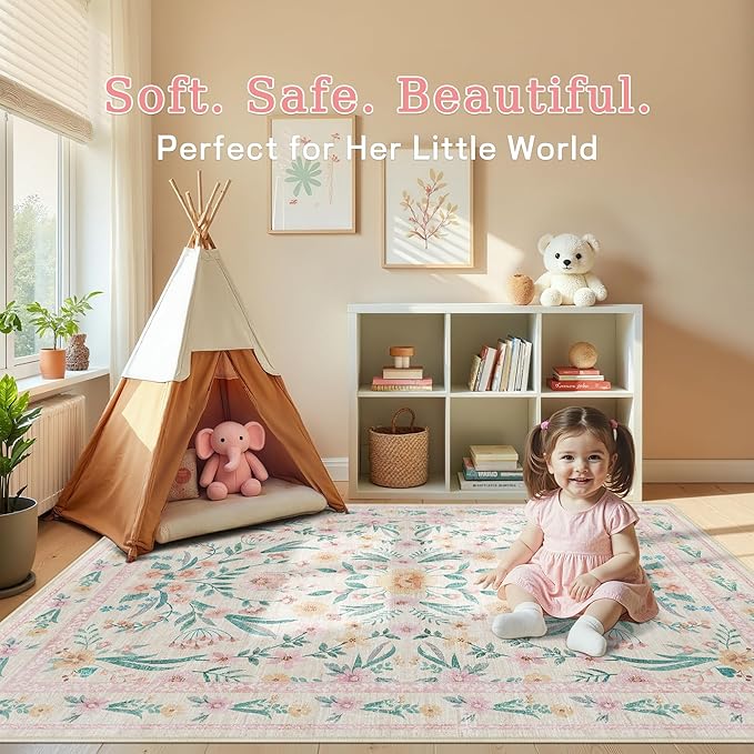 3x5 Nursery Rug,Pink Rugs for Bedroom Girls,Machine Washable Non Slip Soft Faux Wool Carpet,Boho Floral Rugs for Bedroom Entryway Dorm