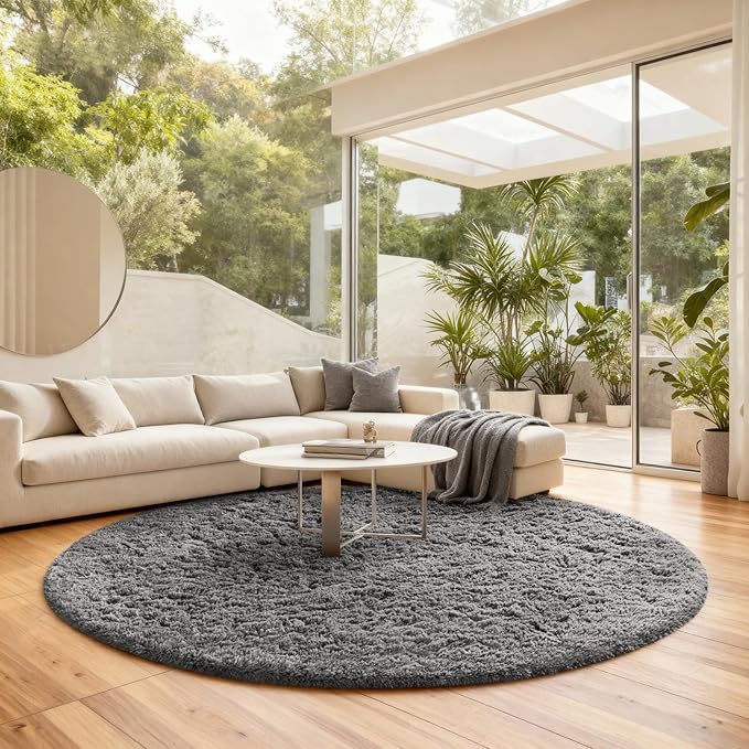 Ophanie Round Rugs 8Ft Grey Circle Area Rug, Fluffy Fuzzy Bedroom Carpet, Plush Soft Shaggy Indoor Floor Gray Living Room Rugs for Kids Home Decor Aesthetic, Nursery