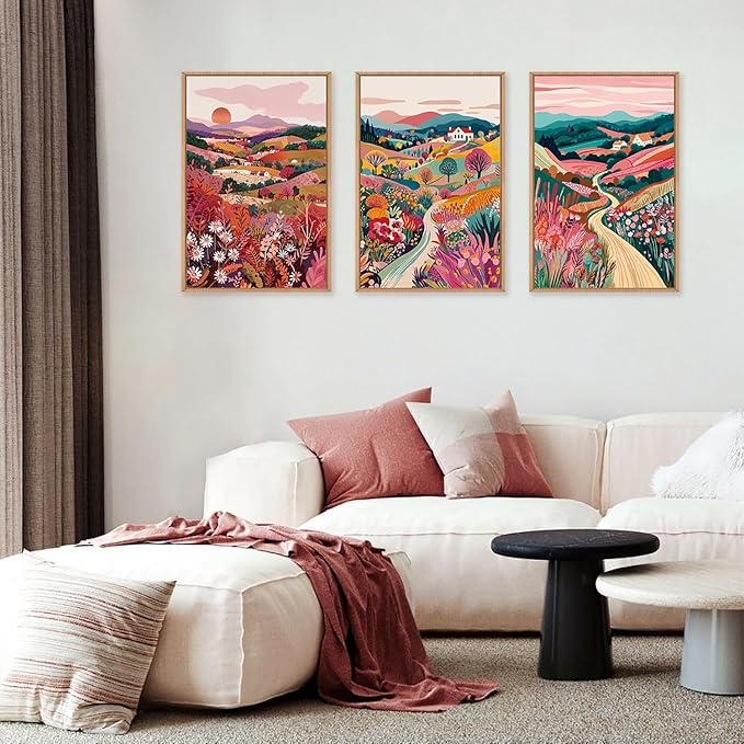 HLNIUC Boho Colorful Wall Art, Floral Mountain Framed Decor(24"x36"), Abstract Wildflower Nature 3 Piece Canvas Painting, Botanical Sunset Forest Art Print for Living Room, Bedroom, Office