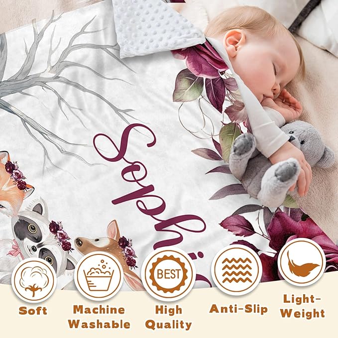 Custom Baby Blanket with Name, Double Layer Soft Dot Back Personalized Baby Blanket for Boys Girls, Woodland Blanket for Newborn Toddler, Customized Swaddle for Kids Birthday Gifts(47" x60)
