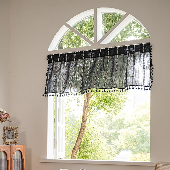 Deeprove Black Boho Curtain Valance for Cafe Kitchen Closet Doorway Cottage Decor, Gothic Sheer Bohemian Farmhouse Cotton Linen Short Panel Tassel Vintage Chic Window Drape W52 x L18, 1 Piece