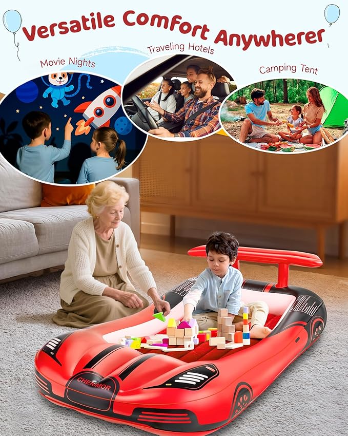 Inflatable Toddler Travel Bed with Safety Bumpers & 2 Mins Auto Inflation Pump, Portable Toddler Kids Air Mattress with Carry Bag for Home Grandma's Sleepovers Travel Camping, 330lbs Support