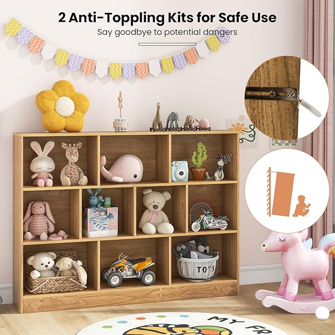 Costzon 10-Cube Bookshelf for Kids, Wooden Toy Storage Organizer w/ 2 Anti-Toppling Kits, 3 Tier Open Shelves & Non-Slip Foot Pads, Montessori Toy Shelf for Kids Rooms, Playroom, Classroom, Nursery