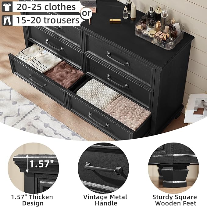 Farmhouse Wood 6 Drawer Dresser Set of 2, 54 inch Wide Large Vintage Chest of Drawers for Bedroom, Rustic Dressers TV Stand with Square Solid Wooden Legs for Living Room, Hallway, Black