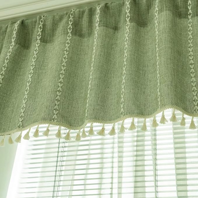 Deeprove Sage Green Boho Curtain Tassel Valance for Cafe Kitchen Closet Garden Decor, Bohemian Farmhouse Cream Cotton Linen Short Panel French Country Window Treatments Tier Panel, W52 x L18, 1 Piece