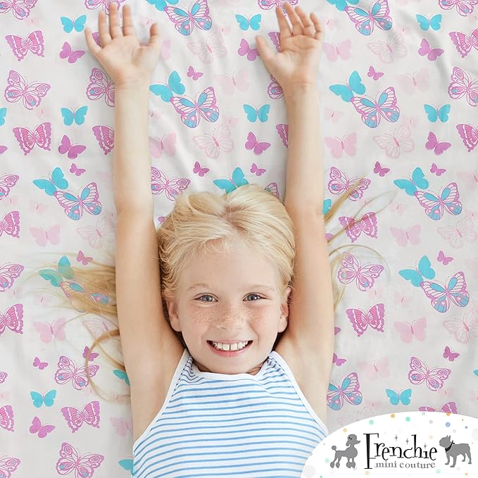 Frenchie Mini Couture, 2-Piece Kids Twin Sheets Set, 100% Woven Cotton, Deep Pocket Bed Sheet 39 x 75 x 15in + Pillowcase 20 x 30, Butterfly (White)