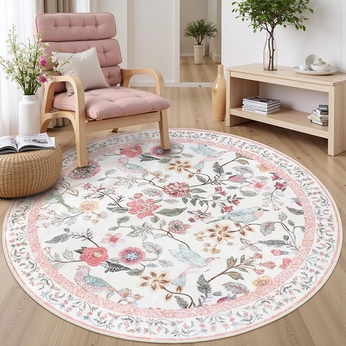 Pink Floral Round Rugs 5ft, Washable Boho Circle Rug for Girls Bedroom, Soft Non-Slip Botanical Nursery Circular Carpet, Modern Flower Birds Throw Rug for Kids Room Living Room