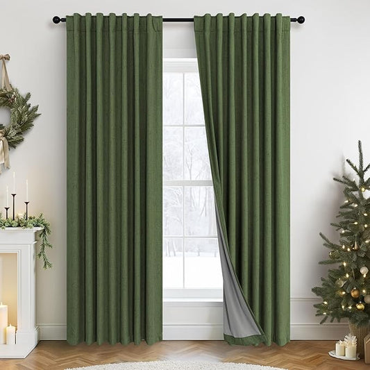 Ptialk Elegant Blackout Curtains for Living Room Eclectic Moody Dark Olive Green Linen Curtains 72 Inch Length 2 Panels Set Long Drapes for Closet Cover Back Tab Rod Pocket Hunter Green 52x72
