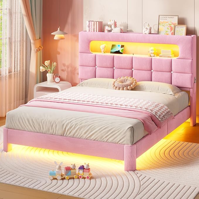 MSmask Full Upholstered LED Bed Frame with 2-Tier Storage Bookcase Headboard, Velvet Princess Bed with Crystal Button Tufted Headboard & Charging Station, Girls Platform Bed, Curved Legs, Pink