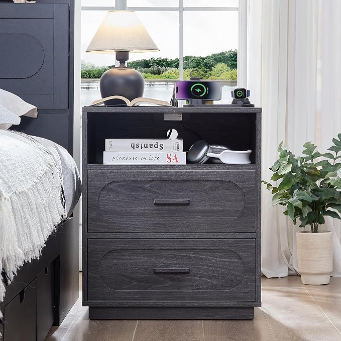 Grey Nightstand with Charging Station, Modern End Table with 2 Drawers Storage, Space-Saving Wood Storage Cabinet with Unique Base Design, Bedside Table for Bedroom, Living Room