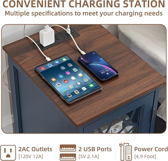 Narrow Side Table with Charging Station Set of 2, Night Stand with Glass Door,Bedside End Tables with Adjustable Shelf Storage Cabinet,Wood Nightstand for Small Spaces Living Room Bedroom