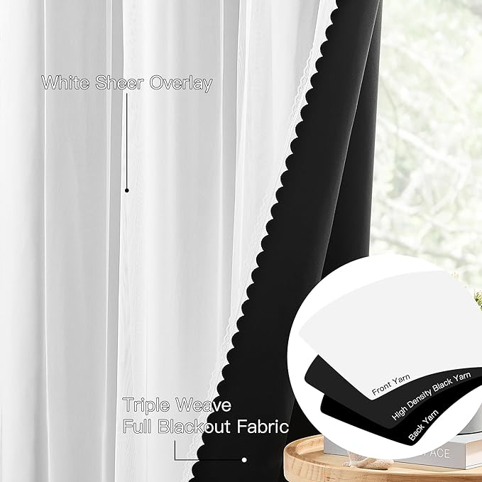 XiDi White Blackout Curtains with Sheer Overlay for Bedroom 63 Inches Long 2 Panels 100% Black Out Double Layer Curtains Thermal Insulated Room Darkening Grommet Short Drapes Greyish White 52W x 63L