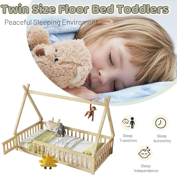 Twin House Bed Frame with Fence Rails and Door,Wood Montessori Floor Bed with Slats Support,Teepee Tent Beds Kids Bed Frames for Girls Boys, Natural