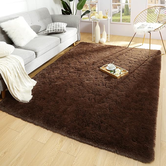 Merelax Soft Modern Indoor Large Shaggy Rug for Bedroom Livingroom Dorm Kids Room Home Decorative, Non-Slip Plush Fluffy Furry Fur Area Rugs Comfy Nursery Accent Floor Carpet 6x9 Feet, Brown