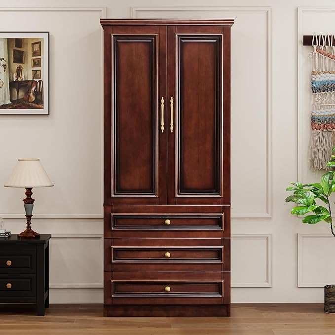 Solid Wood Armoire:Wardrobe Cabinet with Drawers and Hanging Rod,Storage Closet Clothes Organizer for Bedroom Cherry Finish