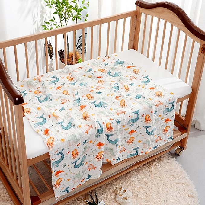 Muslin Swaddle Blankets 6-Layer Cotton Baby Blankets for Boys & Girls 43"X43"Inches Receiving Blankets,Soft Skin-Friendly Baby Crib Blanket,Breathable Quilt Bedspread(Ocean Animals)
