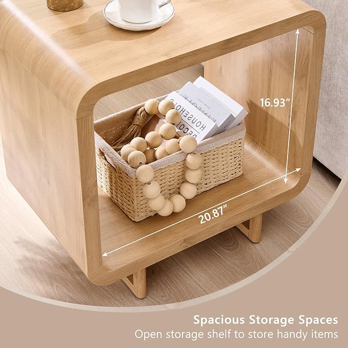 23.6" Modern End Table, 2 Tier Side Table with Charging Station, Simple Bedside Table with Open Storage Shelf, Outlet, Wooden Nightstand for Bedroom, Living Room, Easy Assembly, Natural Oak