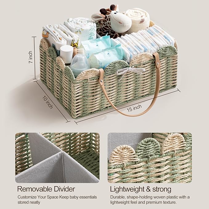 HBlife Large Baby Diaper Caddy, Paper Rope Storage Baskets Nursery Bin with Removable Divider, Portable Car Organizer for Diapers, Baby Shower Gifts, Newborn Essentials Must Haves
