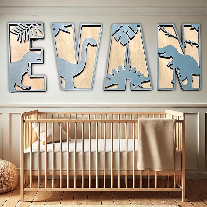 Personalized Wooden Name Sign - Custom Baby Name Signs for Nursery & Kids Room, Baby Announcement Sign, Wall Name Signs Personalized, Round Wooden Letters for Nursery Decor (Dinosaur 3D)