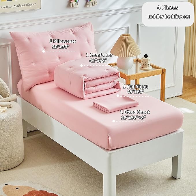 DuShow 4 Piece Toddler Bedding Set for Girls,Embroidery Crib Bed Comforter Set,Includes Toddler Bed Comforter,Fitted Sheet,Flat Sheet and Envelope Pillowcase,Soft Toddler Bed Sheet Set-Pink