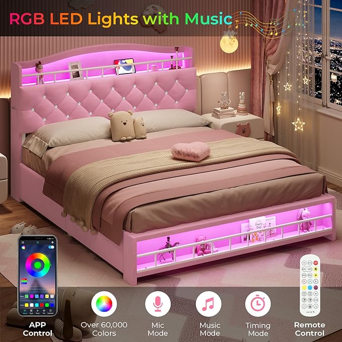 BTHFST Full Bed Frame with Storage Headboard & 4 Drawers, Girl Upholstered Storage Bed with LED Lights & Charging Station, No Box Spring Needed, Easy Assembly, Pink