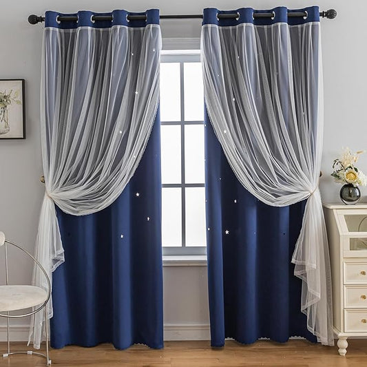Anytime Romantic Kids Curtain,Hollow-Out Stars Window Curtain Double Layer Blackout Curtains for Girls Bedroom Kids Room 2Panel,(W52 x L63,Navy Blue)
