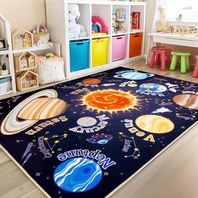 Kids Rugs for Playroom, 8x10 Feet Educational Rug for Learn The ABC Alphabet, Soft Machine Washable Non-Slip Cute Space Galaxy Carpet for Classroom Toddler Nursery Kids Room Decor Mat