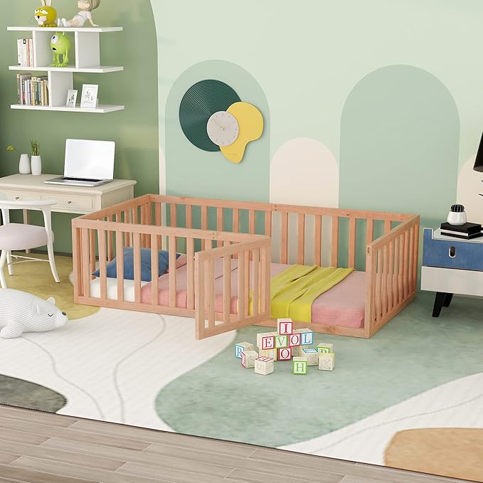 Merax Twin Floor Bed with Safety Guardrails and Door, Wood Montessori Floor Bed Frame for Kids, Twin Playhouse Bed Frame for Baby Girls and Boys, Natural