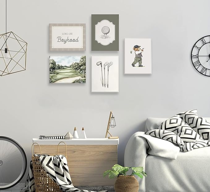 Vintage Nursery Wall Art Kids Room Canvas Wall Decor Animal Pictures Cute Duck and Woodland Bear Posters Neutral Floral and Sailboat Painting Print Artwork for Baby Boy Girl Room Playroom, Framed
