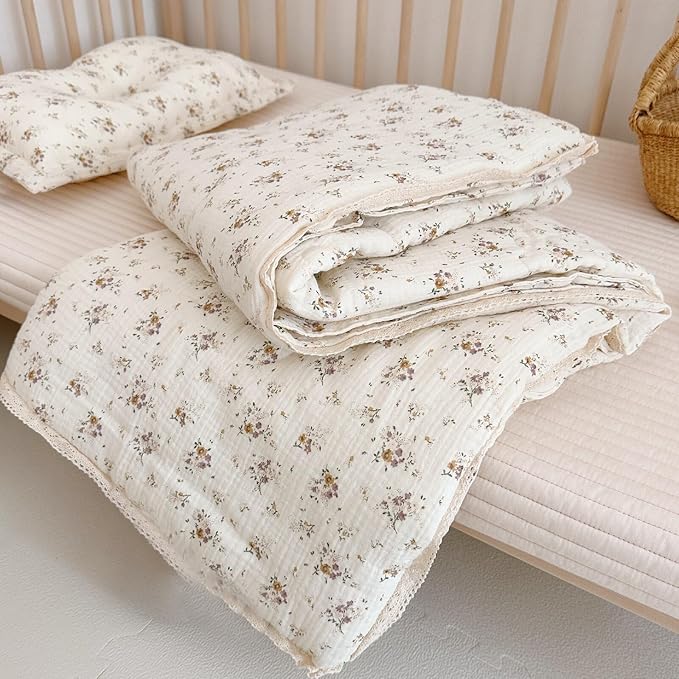 BuLuTu Muslin Baby Quilt for Girls Boys Quilted Blanket 2 Layers Gauze Cotton Baby Blanket Nursery Bed Blanket Shower Gift for Toddler Newborn, Crapemyrtle Pattern, 47"x59"