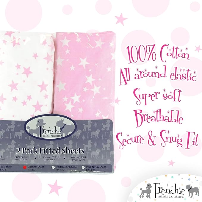 Frenchie Mini Couture Bassinet Sheets 100% Woven Cotton Pink Stars, 15 x 33in, 2-Pack