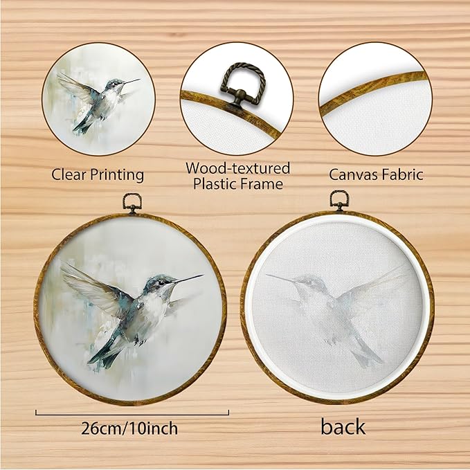Hiuwevt Vintage Hummingbird Bird Round Wall Art Decor, Watercolor Farmhouse Bird Framed Canvas Prints, Retro Hummingbird Round Wall Hanging Decor for Bedroom Home Decorations, 10x10 Inches