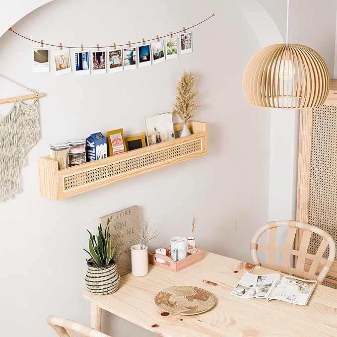 Wood and Rattan Wall Shelf - 36'' Nursery Floating Shelves for Storage, U-Shape Natural Pine Wood Wicker Shelf | Boho Decorative Shelves for Neutral Nursery Decor, Living Room, Bedroom