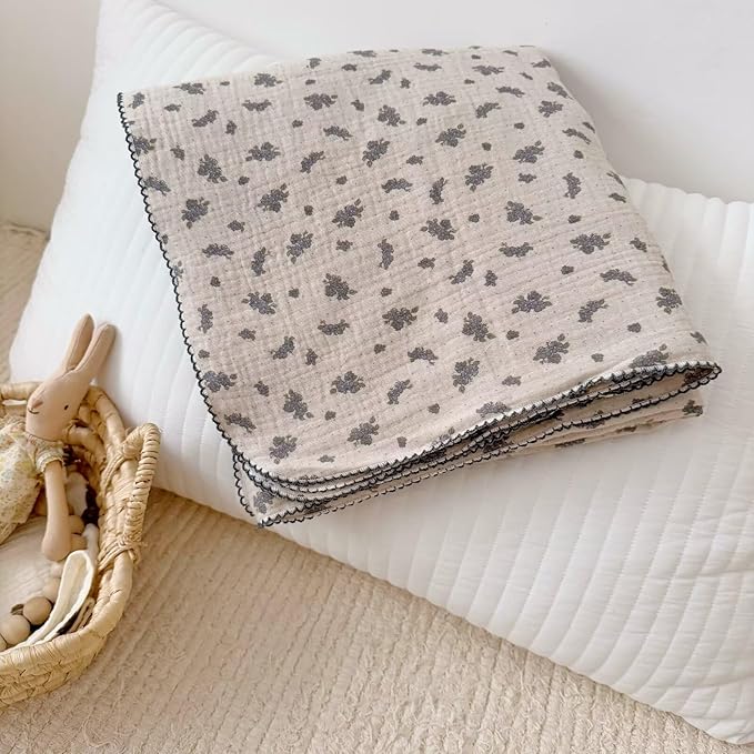 BuLuTu Shabby Chic Floral Baby Blanket 47x51 Inch, Double-Layer Muslin Cotton Blanket for Toddler Girls Boys, 100% Cotton Large Baby Quilt, Blue Orchid Print Nursery Blankets