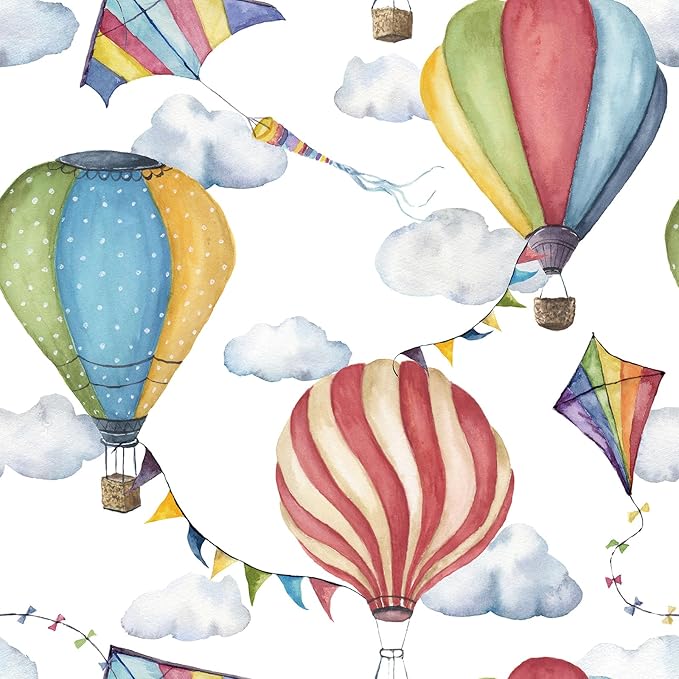 LaCheery Watercolor Hot Air Balloon Wallpaper Peel and Stick Hot Air Balloons Sky Cloud Wallpaper Nursery Decorative Contact Paper Peel and Stick Colorful Kites Flag Wall Paper for Kids Room 17.5"x79"